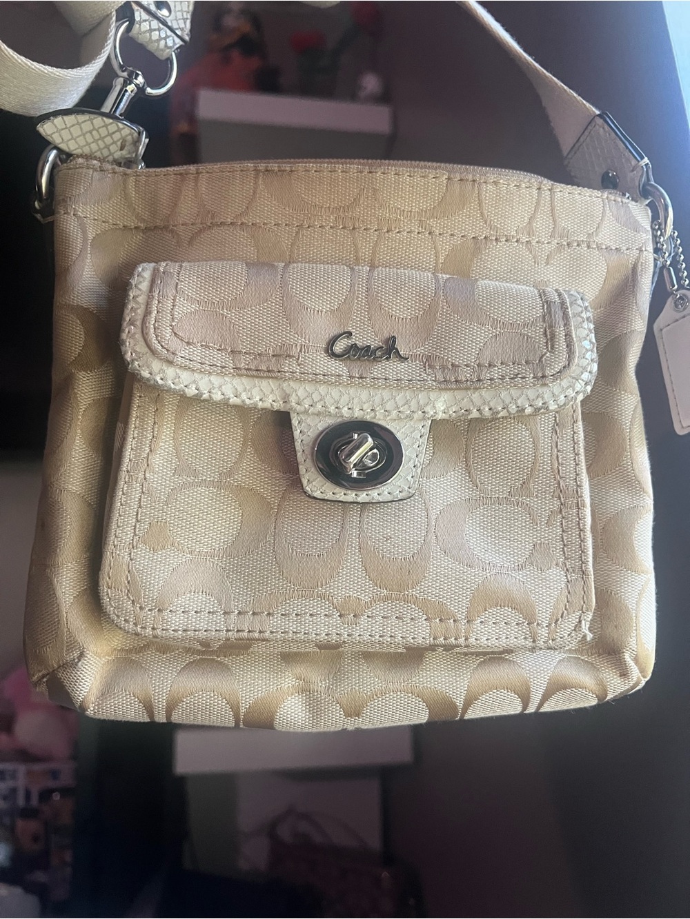 Coach Beige Signature Canvas Crossbody with Turn-Lock Pocket